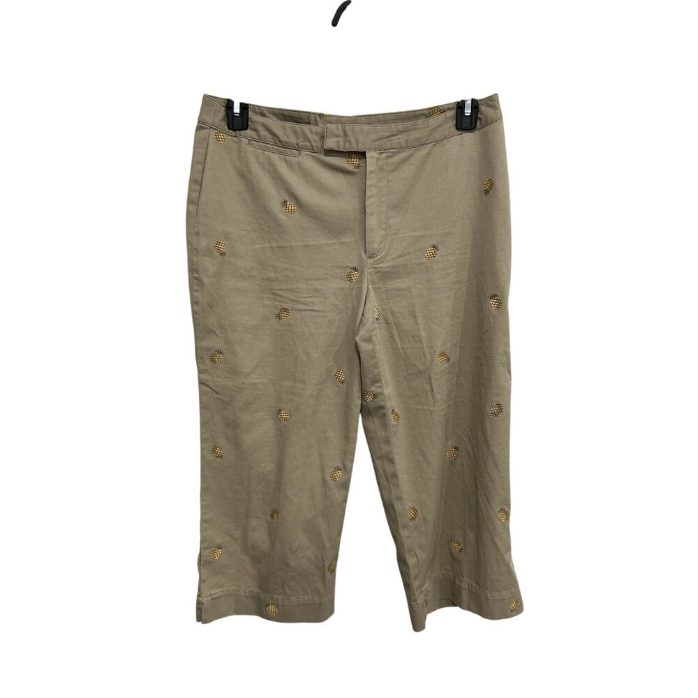 Bay Studio Cropped Pants Khaki Sz 8 Flat Front Pineapple Embroidery Cotton
